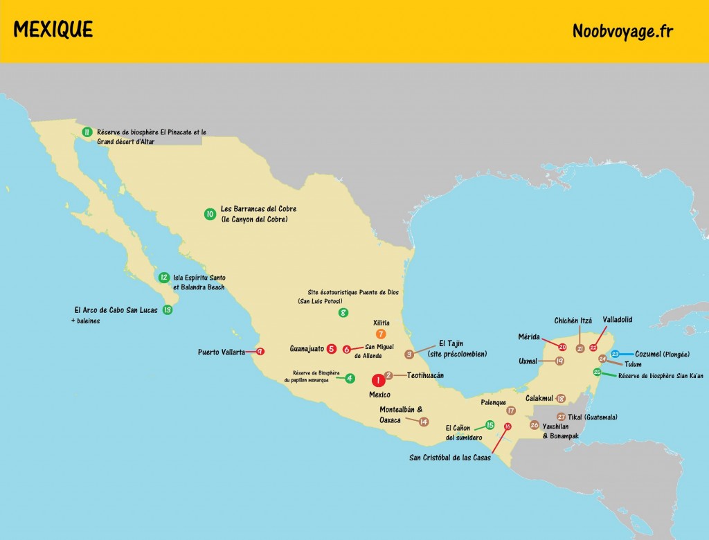 Carte touristique du Mexique à imprimer | Noobvoyage.fr
